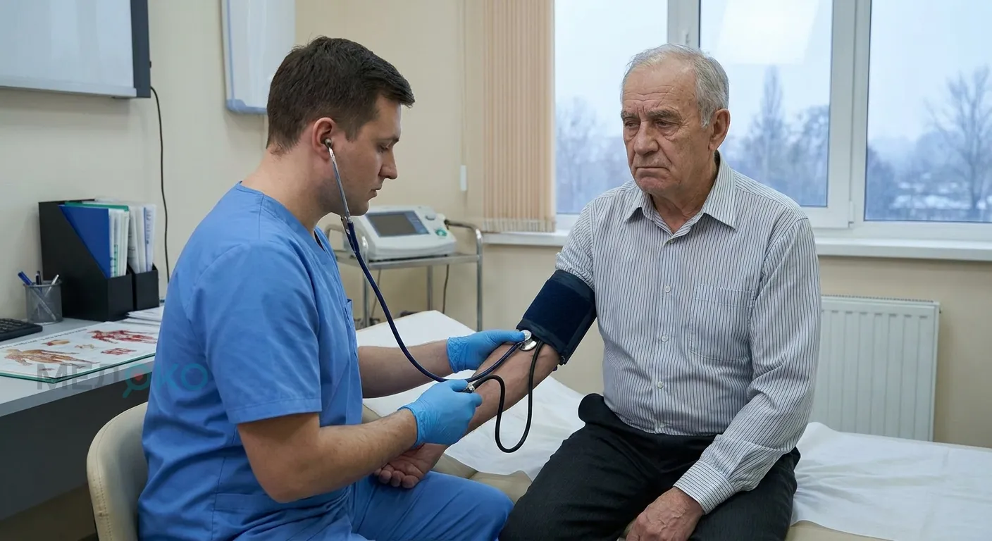Фото 3: Измерение артериального давления у пожилого пациента с жалобами на утреннюю тошноту и головокружение