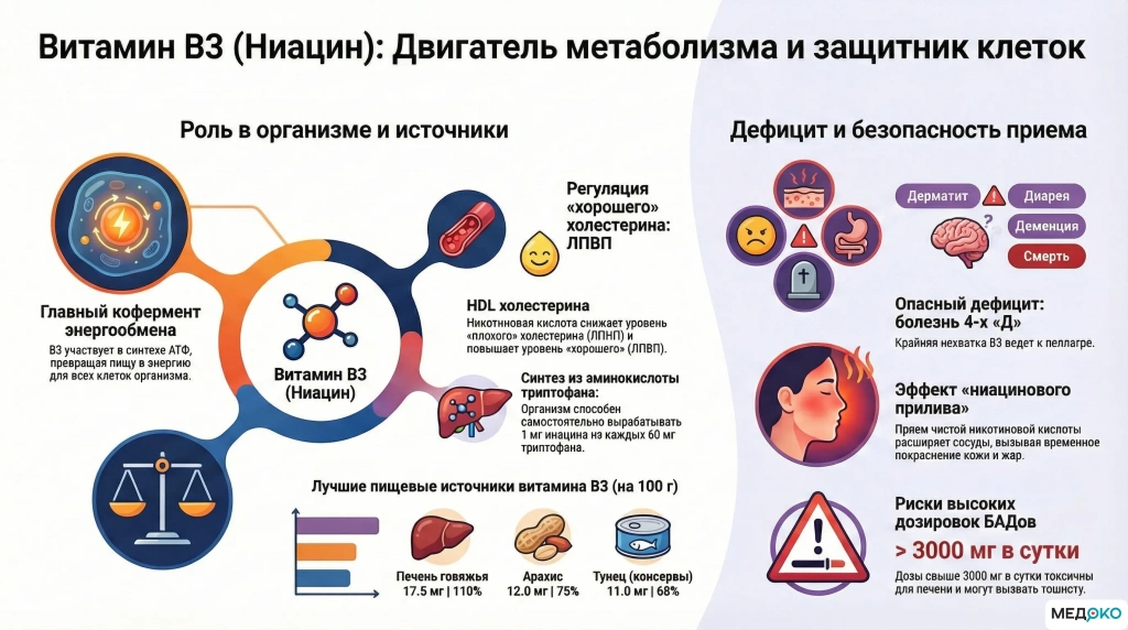 Памятка по витамину B3: где искать, сколько нужно и для чего он полезен организму Памятка по витамину B3: где искать, сколько нужно и для чего он полезен организму