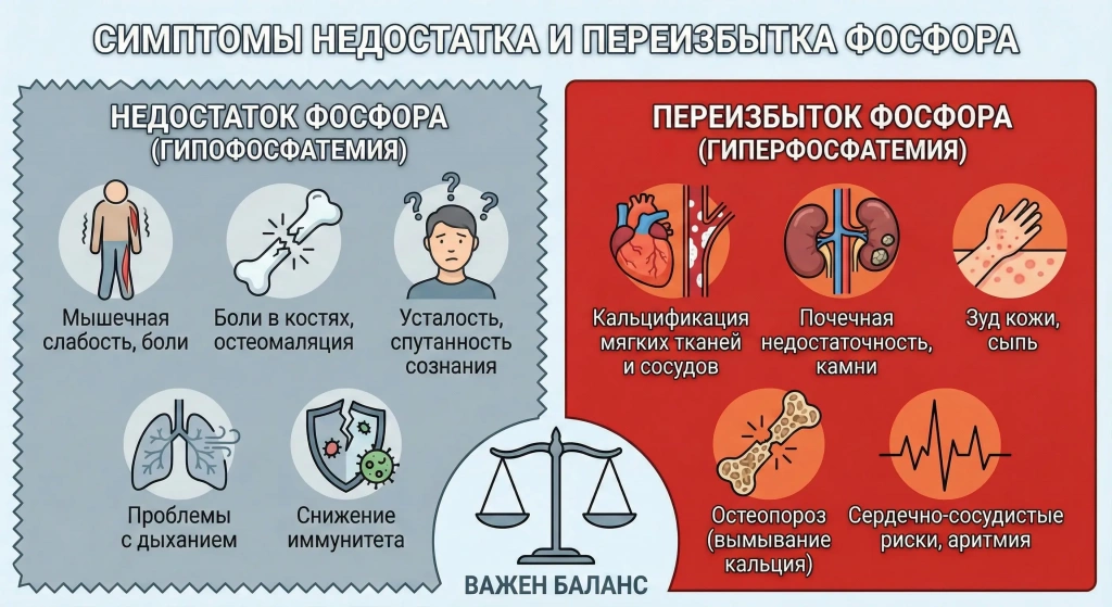 Симптомы дефицита и избытка фосфора